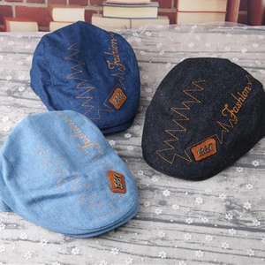 British style striped denim beret caps for children in light blue, dark blue and black