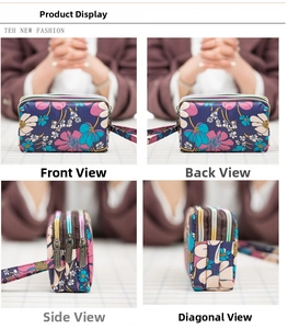 Macro views of a triple-layer floral canvas clutch showing multiple zipper compartments
