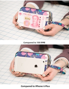 Three-layer floral canvas clutch size comparison with smartphone and currency