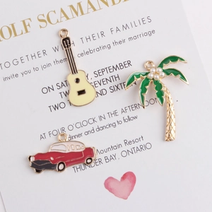 K-gold alloy charms featuring a ukulele, pearl coconut tree, and vintage car for DIY jewelry