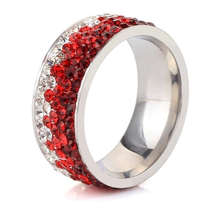 8mm stainless steel band ring featuring a diagonal red and white pave crystal gradient