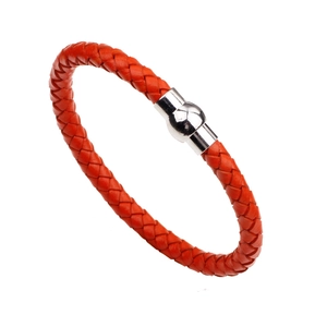 Braided red genuine leather bracelet with a polished silver magnetic metal clasp