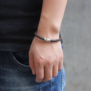 Men's brown woven leather bracelet with silver magnetic metal clasp for casual wear