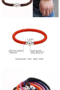 Detail of genuine braided leather bracelet with high-quality magnetic alloy clasp in multiple colors