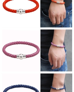 Braided leather bracelets in red, purple, and blue with magnetic metal clasp detail