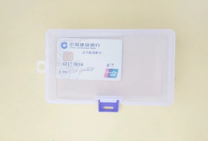 Transparent plastic storage box with purple buckle for cards and jewelry components