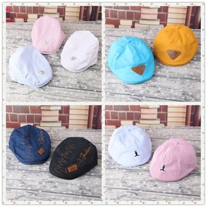 Kids Newsboy Cap Baby Beret Cotton Striped Flat Hat Boys Girls With Rabbit Embroidery Fashion Patch British Style Accessory
