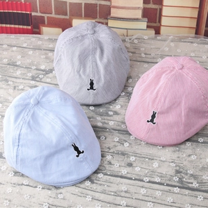 Striped baby beret hats in blue pink and grey with cute rabbit embroidery for spring