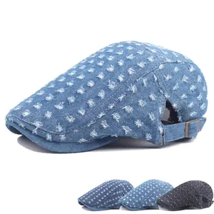 Vintage Distressed Washed Denim Beret Retro Hole Ivy Cap Adjustable Buckle Flat Cap Streetwear Accessory For Women