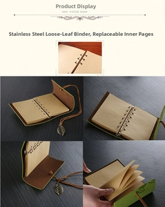 Detail of stainless steel binder clips and retro kraft paper pages on a green leaf journal