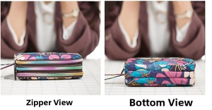Detail of canvas floral clutch with three rainbow zipper layers and multi-layer storage