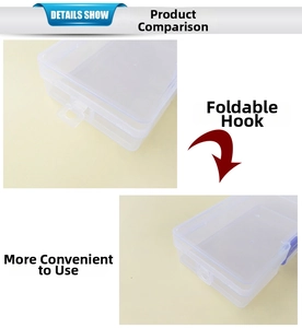 Detail of the foldable hanging hook on a transparent plastic storage box showing its utility
