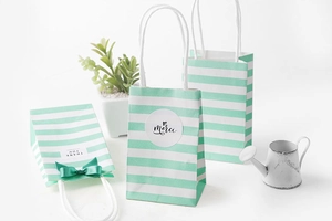 Detail of striped mint green gift bags with Merci and Thank You stickers and white handles