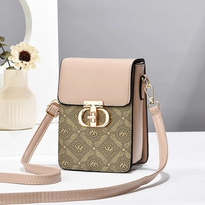 Nude pink mini crossbody phone bag with Oumifei monogram print and gold T-lock