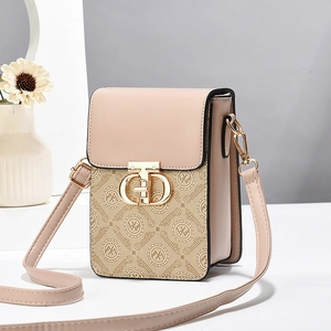 Minimalist rectangular crossbody phone bag in beige faux leather with monogram print