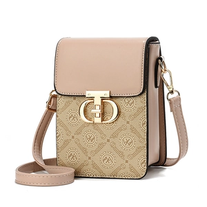 Minimalist beige crossbody mobile phone bag with golden metal buckle and pattern