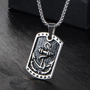 Vintage 316L Stainless Steel Anchor Barbell Dog Tag Pendant Necklace For Men Nautical Strength Motif With Square Pearl Chain Jewelry