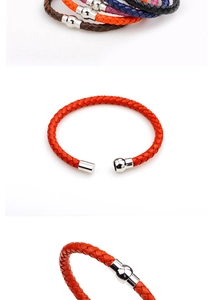 Close-up of woven leather bracelets in multiple colors with magnetic metal clasps details