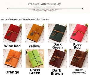 Detail showing eight vintage leather A7 journals with embossed leaf design and pendants