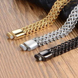 Three multi-layer woven titanium steel bracelets in gold, silver, and black finish