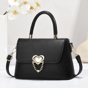 Women Fashion PU Leather Shoulder Bag With Heart-Shaped Gold Lock And Chain Decor Elegant Top Handle Crossbody Handbag
