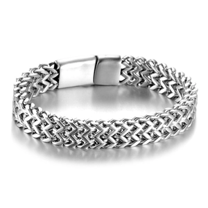 Polished silver titanium steel multi-layered chain bracelet with a square clasp