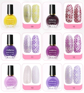 Detailansicht von 10ml Stempelnagellack in sechs Farben mit fertigen Mustereffekten