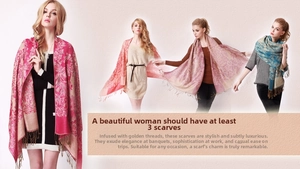 Detailed view of bohemian floral jacquard scarves with fringe in multiple vibrant colors