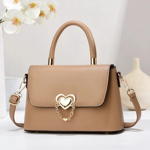 Fashionable khaki chain shoulder bag with heart lock and leather handle for women