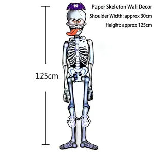 Detailed view of a 125cm hanging skeleton decoration with dimensions for Halloween decor