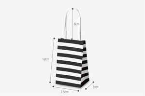 Detailed dimensions of a black and white striped kraft paper gift bag with dimensions