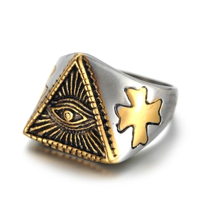 Vintage stainless steel men's ring with Eye of Providence and gold cross relief