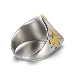 Mens silver stainless steel signet ring with gold cross emblem and brushed texture