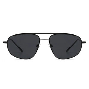 Classic double-bridge metal aviator sunglasses with black frame and dark grey lenses