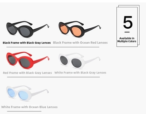 Detailed flat lay of retro oval sunglasses in black, red, and white color options
