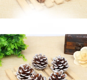 Natural dried pine cones with white snow spray on a rustic wooden tray for DIY crafts