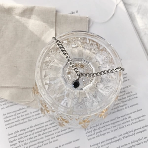 Vintage S925 sterling silver chain anklet with black zircon pendant on glass