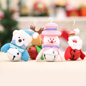 Set of 4 Christmas tree plush ornaments with bell pendants featuring Santa and Reindeer
