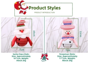 Detailed view of Christmas bell ornaments with plush Santa and Snowman holiday decor