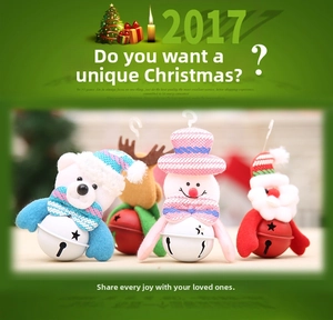 Detail showing plush Christmas hanging charms with metal bells for festive tree decoration