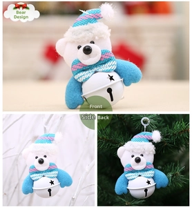 Detailed views of a plush Christmas bear ornament with a white metal bell and striped hat