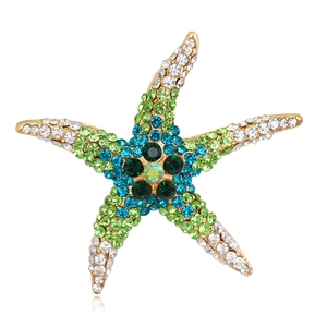 Exquisite gold starfish brooch set with colorful rhinestones in blue and green hues