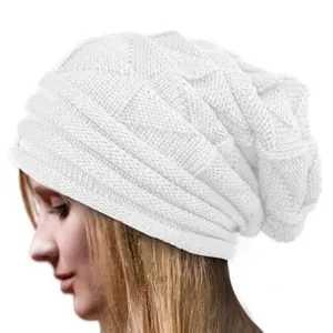 White cable knit beanie for women featuring diamond texture and folded cuff design