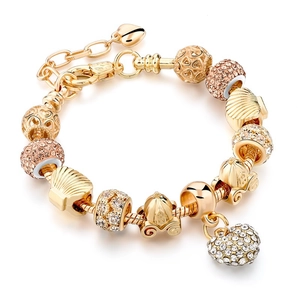 Sparkling heart charm snake chain bracelet with crystal beads and gold plating