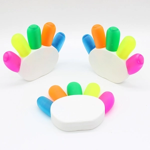 Macro detail of hand-shaped floral highlighters with five vibrant ink colors in white base