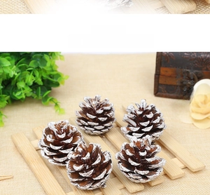 Set of 5 natural pine cones with artificial snow on a rustic wooden grid display