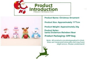Detail of Christmas plush pendants with bells featuring Santa, Snowman, and Elk designs