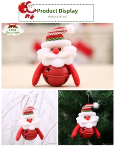 Close-up of Santa Claus plush doll with red metal bell for Christmas tree decoration