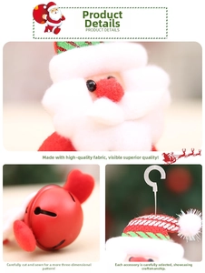 Close-up of plush Santa ornament with red velvet, striped hat, and metal bell detail