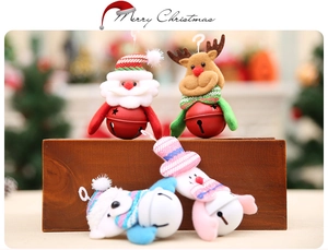Plush Christmas tree ornaments with colorful metal bells and Santa Claus snowman designs